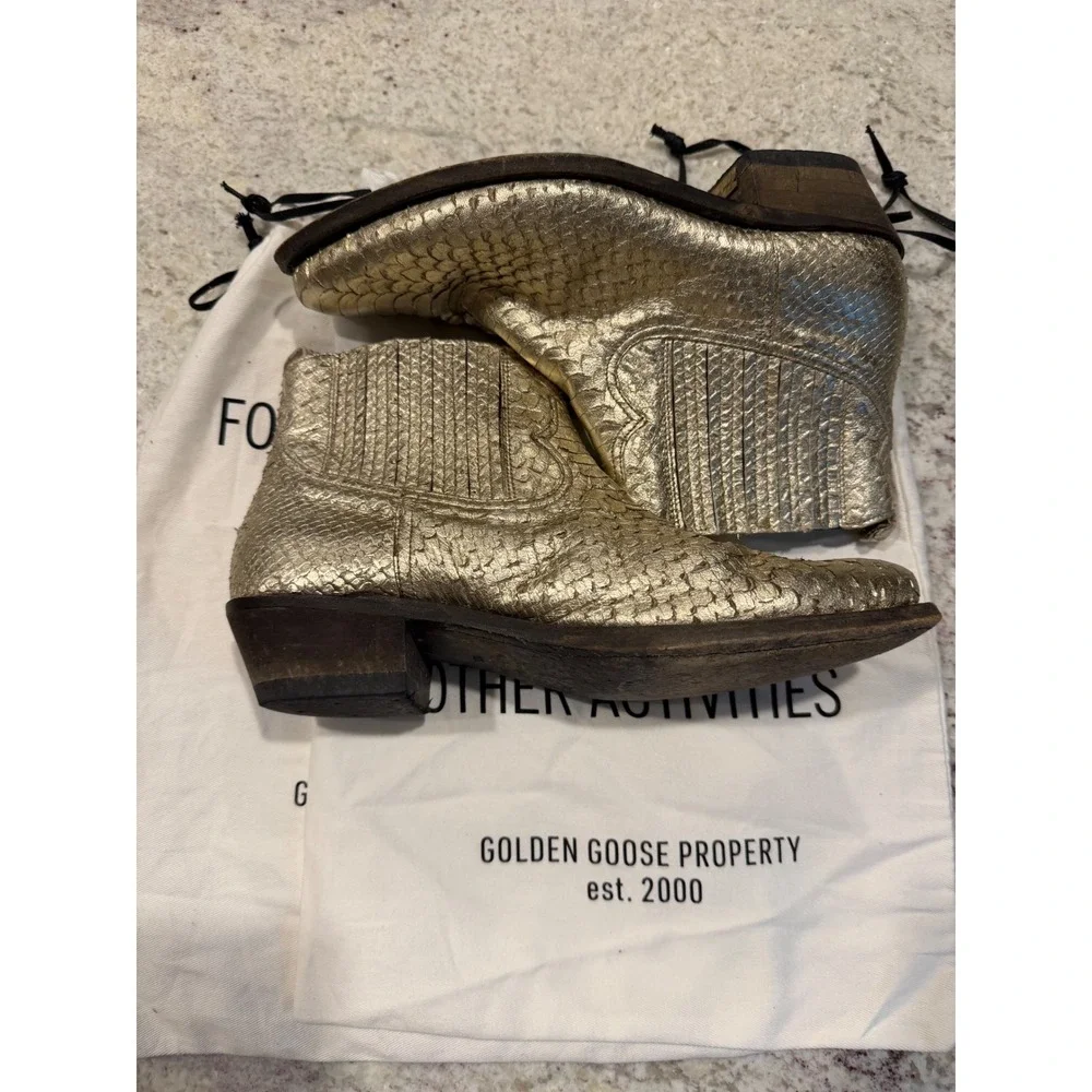 Golden Goose Gold Snakeskin Embossed Leather Ankle Boots Western 39.5
